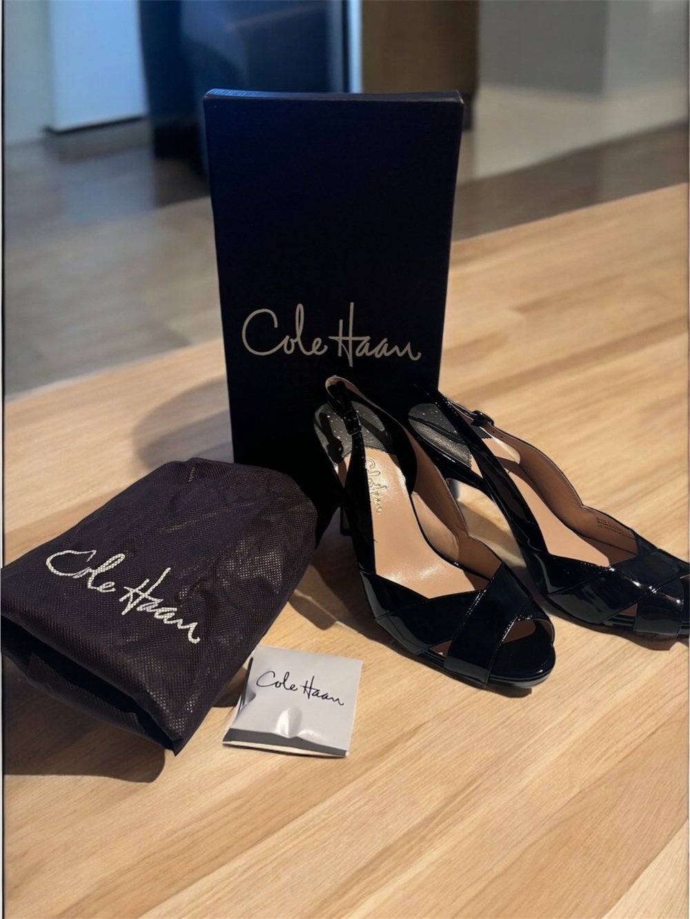 Cole Haan Black Patent Leather Aurora Nike Air Sling Cross Peep-Toe Heels W 7.5